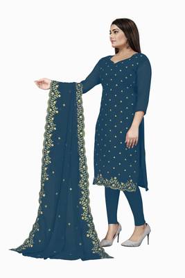 Kimisha Women's Dark Teal Georgette Embroidered Work Unstitched Dress Material  4