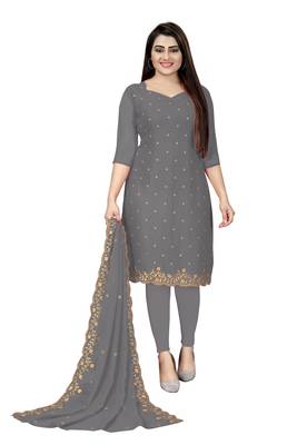 Kimisha Women's Grey Georgette Embroidered Work Unstitched Dress Material With Inner 1