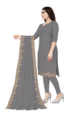 Kimisha Women's Grey Georgette Embroidered Work Unstitched Dress Material With Inner 3