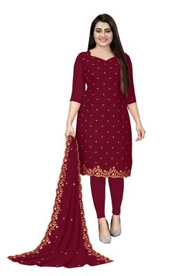 Kimisha Women's Maroon Georgette Embroidered Work Unstitched Dress Material  1