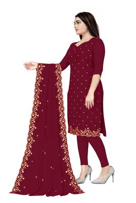 Kimisha Women's Maroon Georgette Embroidered Work Unstitched Dress Material  3