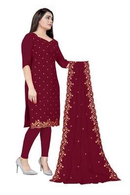 Kimisha Women's Maroon Georgette Embroidered Work Unstitched Dress Material  4