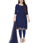 Kimisha Women's Navy Blue  Georgette Embroidered Work Unstitched Dress Material 