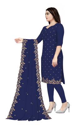Kimisha Women's Navy Blue  Georgette Embroidered Work Unstitched Dress Material  4
