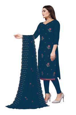 Kimisha Women's Teal Georgette Embroidery Work Unstitched Dress Material 3