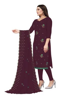 Kimisha Women's Wine Georgette Embroidery Work Unstitched Dress Material 4