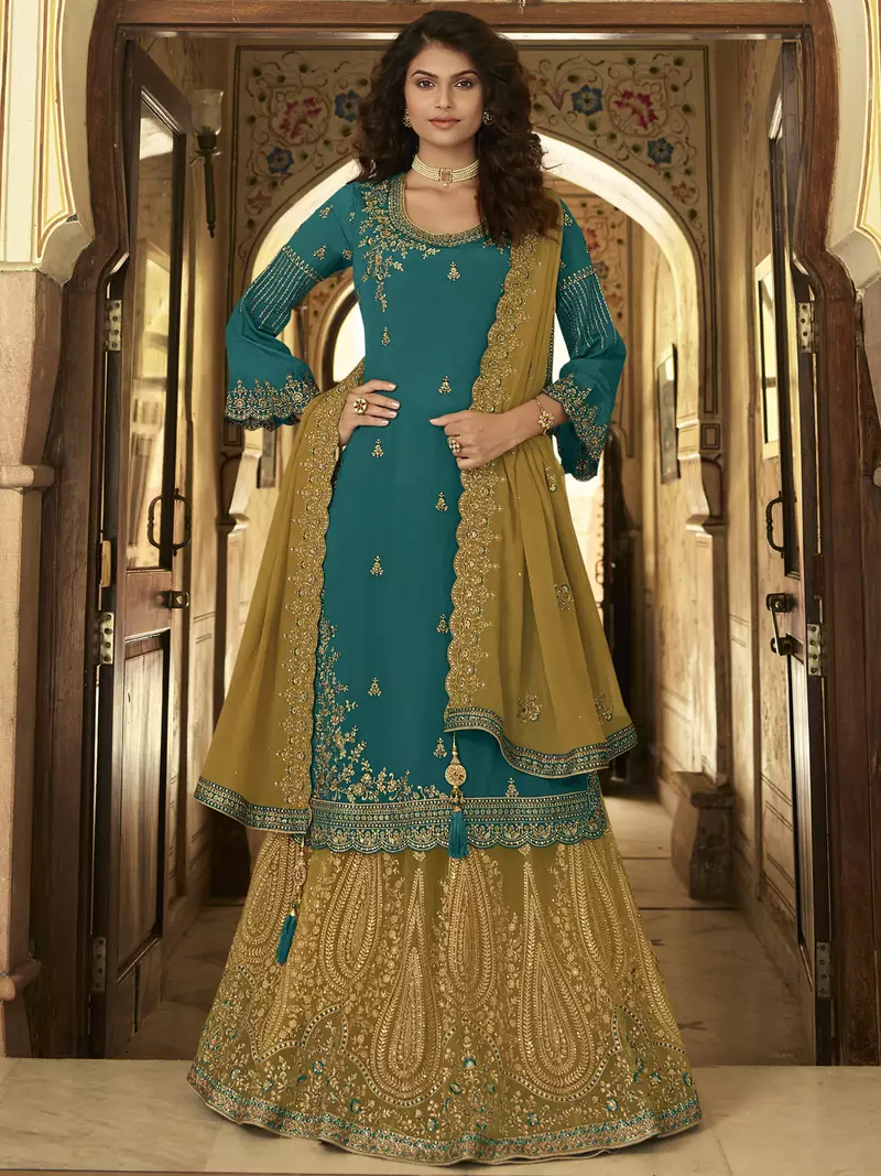 Teal embroidered chiffon salwar