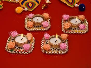BK Creation GOTA PATTI Flowers Tea Light Candles for Home Decoration  1