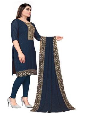 Kimisha Women's Teal Blue Georgette Embroidery Diamond Work Unstitched Dress Material 4