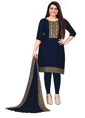 Kimisha Women's Navy Blue Georgette Embroidery Diamond Work Unstitched Dress Material 1