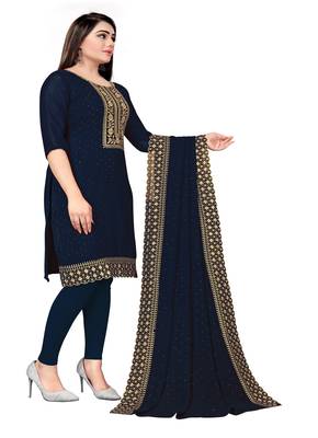 Kimisha Women's Navy Blue Georgette Embroidery Diamond Work Unstitched Dress Material 4