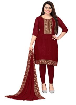 Kimisha Women's Maroon Georgette Embroidery Diamond Work Unstitched Dress Material 1
