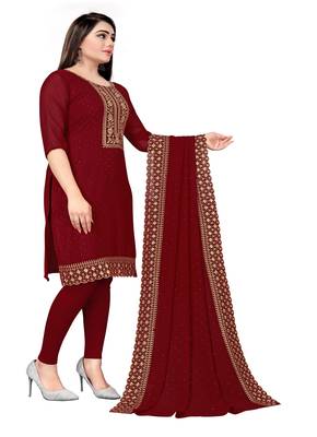 Kimisha Women's Maroon Georgette Embroidery Diamond Work Unstitched Dress Material 3