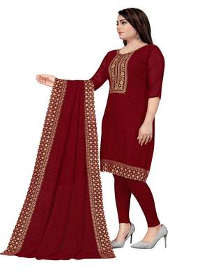 Kimisha Women's Maroon Georgette Embroidery Diamond Work Unstitched Dress Material 4