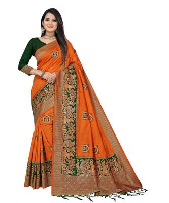 orange polyester embroidered saree with blouse 1