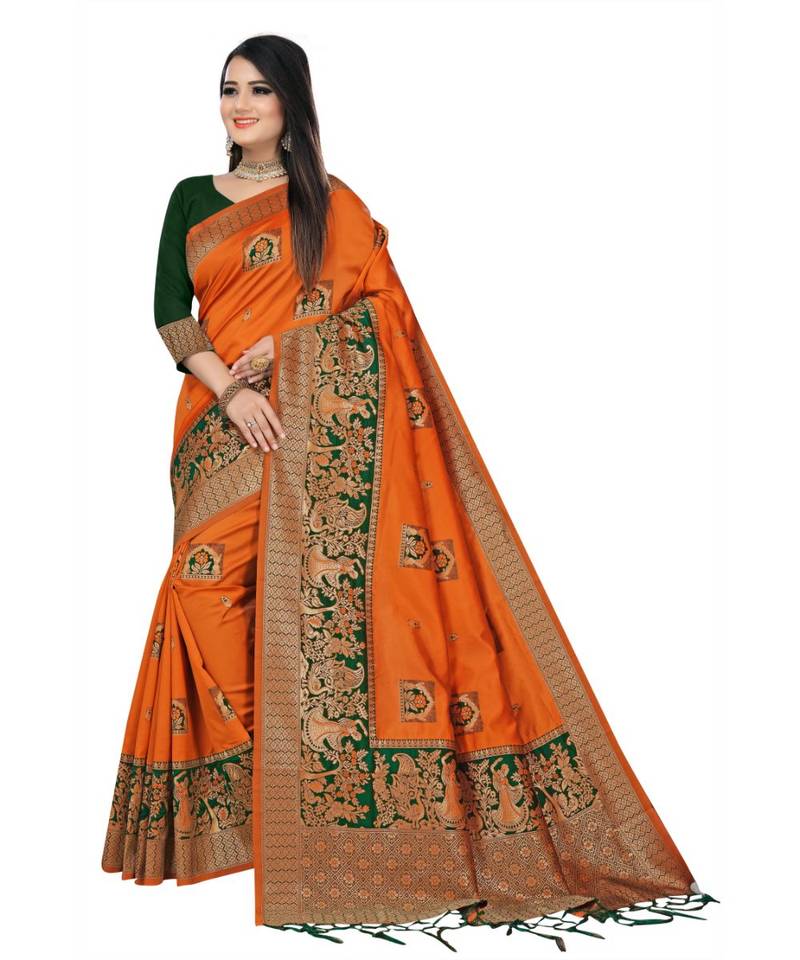 orange polyester embroidered saree with blouse