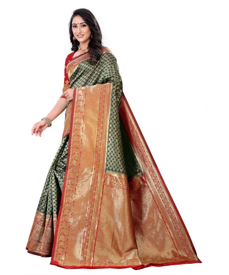 green polyester embroidered saree with blouse