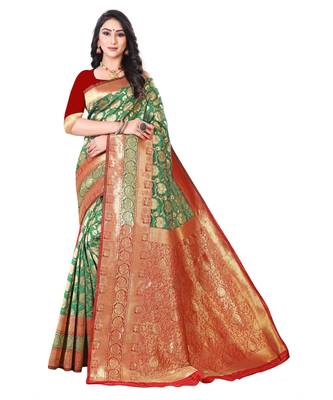 green polyester embroidered saree with blouse 1