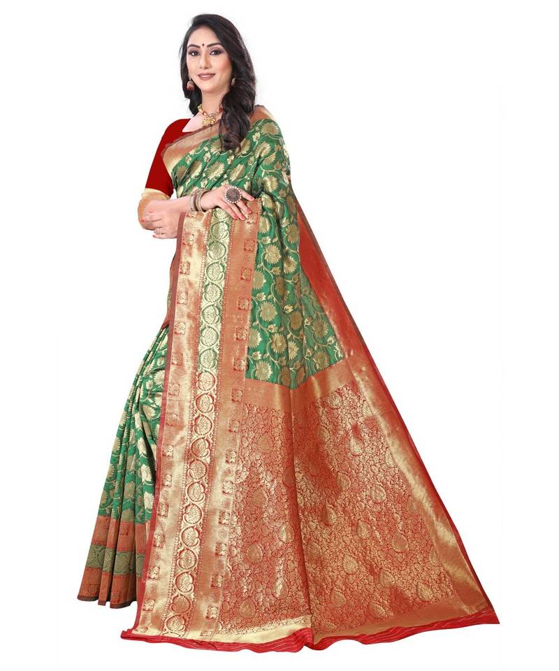 green polyester embroidered saree with blouse