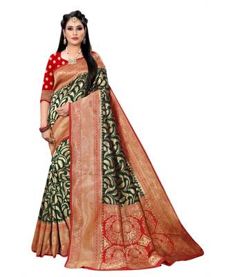 green polyester embroidered saree with blouse 1