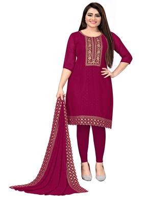 Kimisha Women's Magenta Georgette Embroidery Diamond Work Unstitched Dress Material 1