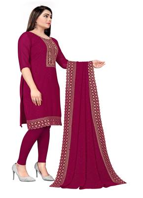 Kimisha Women's Magenta Georgette Embroidery Diamond Work Unstitched Dress Material 4