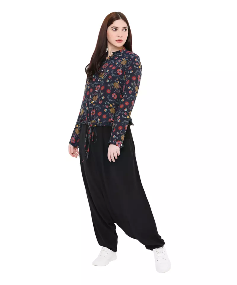 Navy Printed Crepe Top for Women