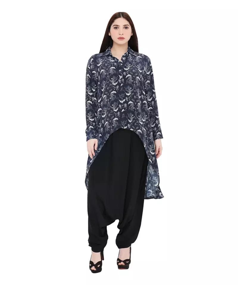 Navy Printed Crepe Top for Women