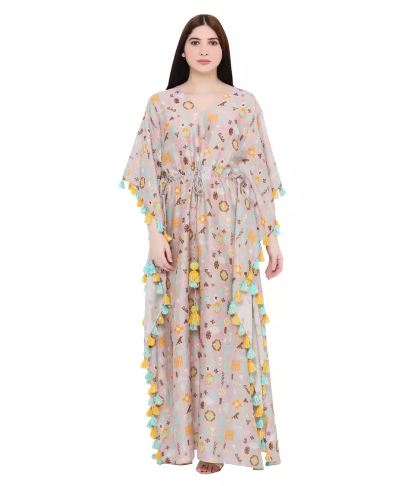 Lavender Printed Silkmul Kaftaan for Women