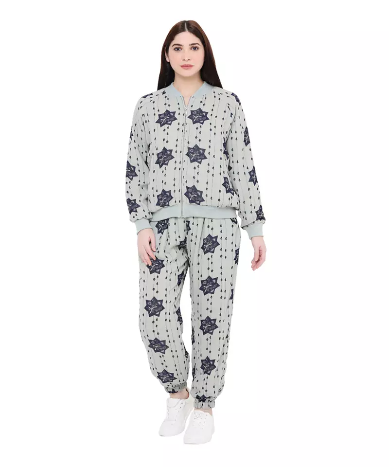 Grey Printed Art Georgette Bomber Jacket Set for Women