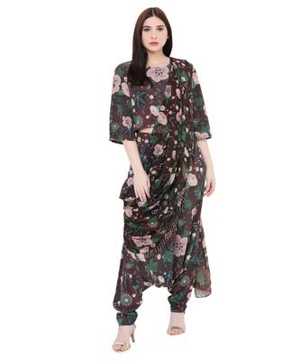 Brown Printed Art Crepe Crop Top and Low Crotch Pant with Attached Printed Art Georgette Drape for Women 1