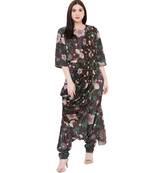 Brown Printed Art Crepe Crop Top and Low Crotch Pant with Attached Printed Art Georgette Drape for Women