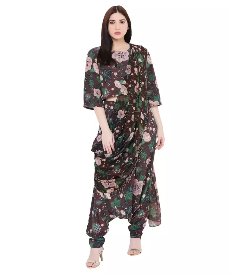 Brown Printed Art Crepe Crop Top and Low Crotch Pant with Attached Printed Art Georgette Drape for Women