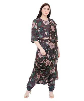 Brown Printed Art Crepe Crop Top and Low Crotch Pant with Attached Printed Art Georgette Drape for Women 2
