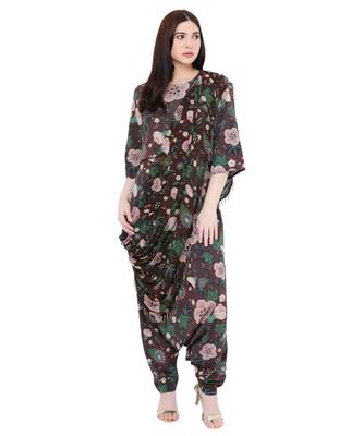 Brown Printed Art Crepe Crop Top and Low Crotch Pant with Attached Printed Art Georgette Drape for Women 3