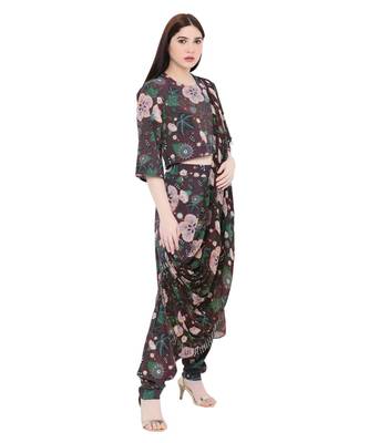 Brown Printed Art Crepe Crop Top and Low Crotch Pant with Attached Printed Art Georgette Drape for Women 4