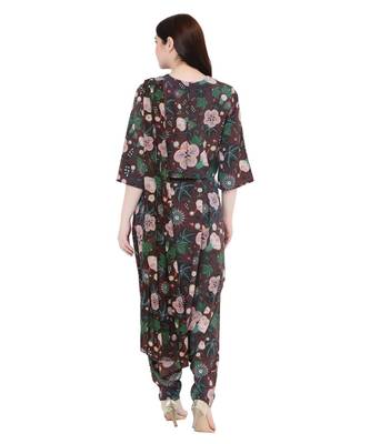Brown Printed Art Crepe Crop Top and Low Crotch Pant with Attached Printed Art Georgette Drape for Women 5