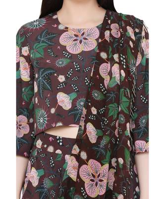 Brown Printed Art Crepe Crop Top and Low Crotch Pant with Attached Printed Art Georgette Drape for Women 6