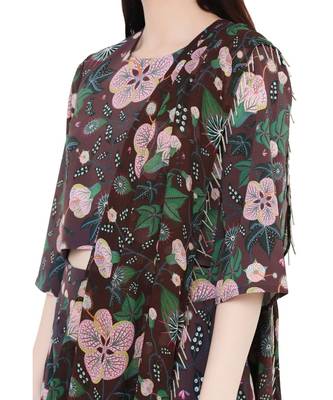 Brown Printed Art Crepe Crop Top and Low Crotch Pant with Attached Printed Art Georgette Drape for Women 7