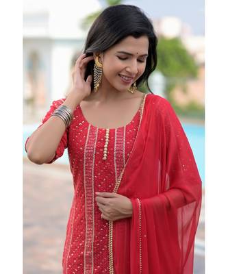 Red chikankankari kurti set 6