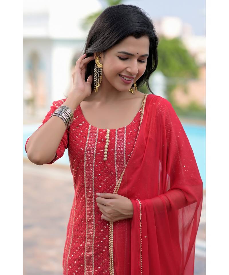 Red chikankankari kurti set