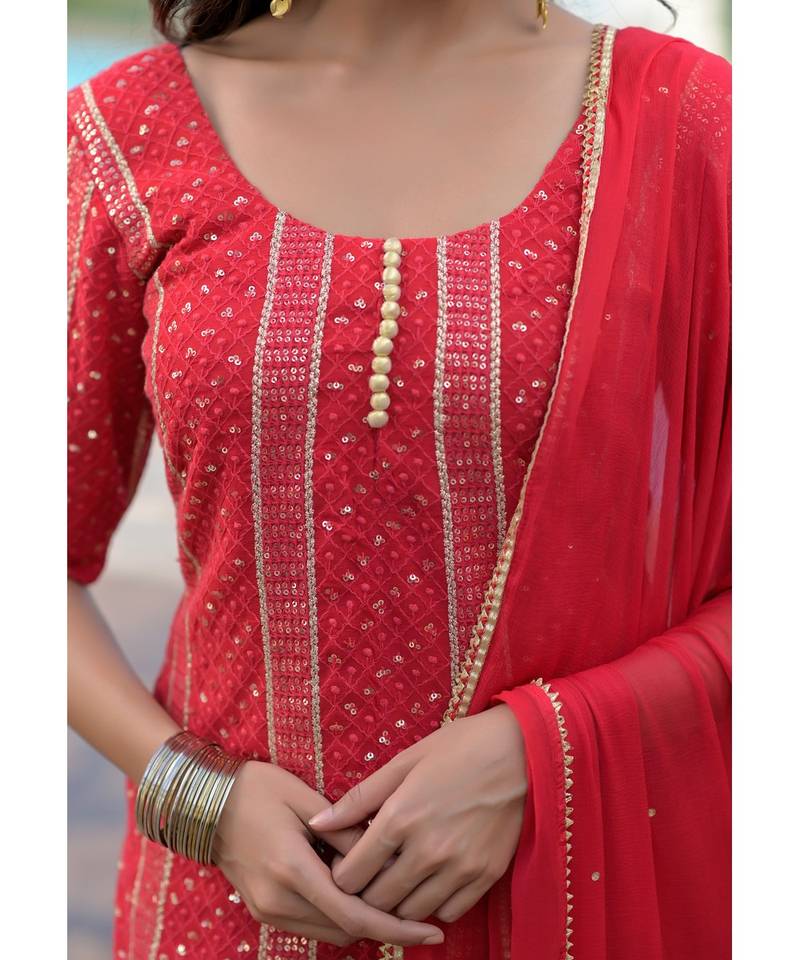 Red chikankankari kurti set