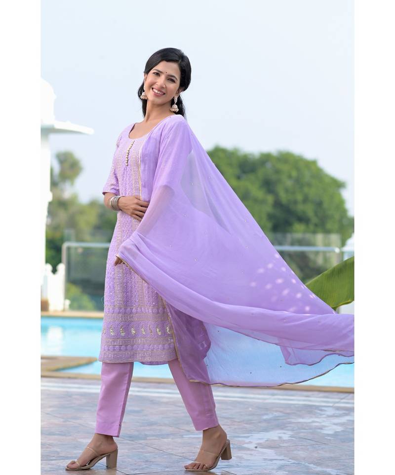 Lavender chikanakri kurti set
