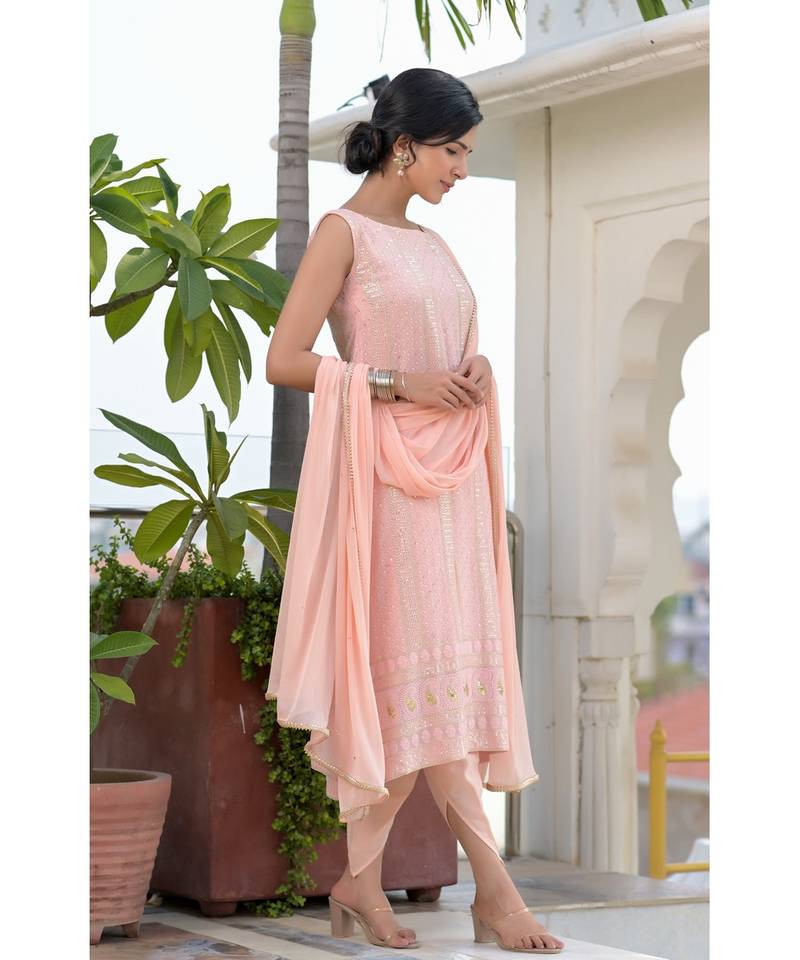 Peach chikankari kurti set