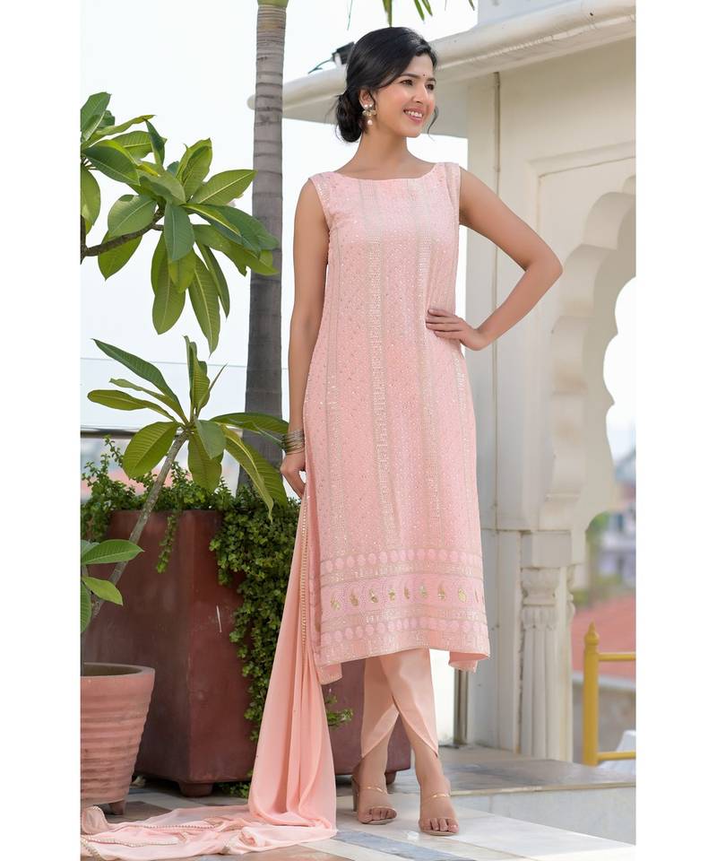 Peach chikankari kurti set