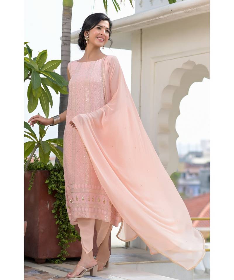Peach chikankari kurti set