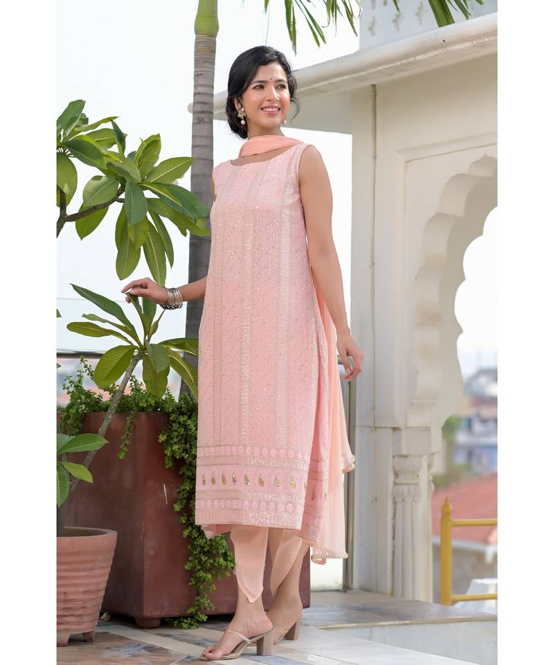 Peach chikankari kurti set