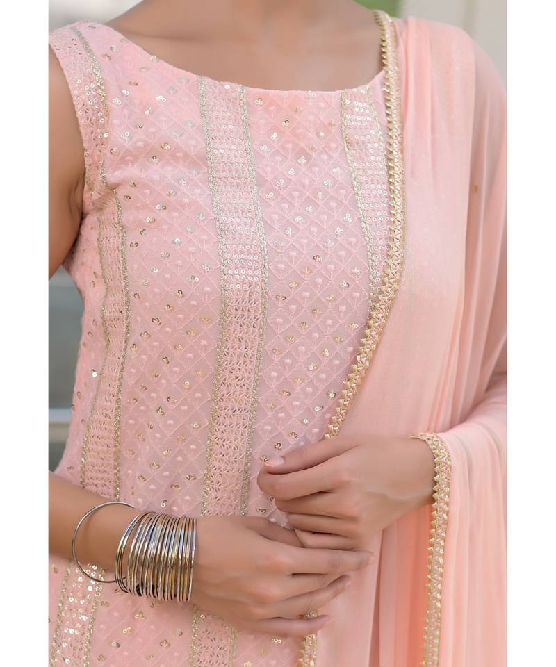 Peach chikankari kurti set