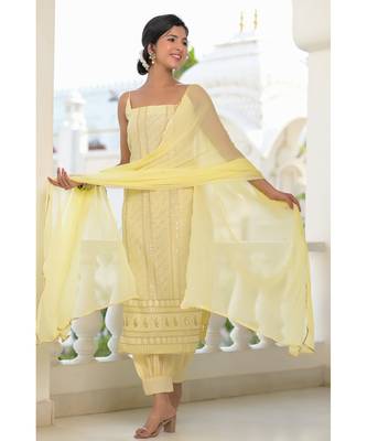 yellow chikankari kurti set 1