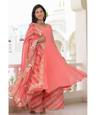 peach anarkali palazzo dupatta set 1